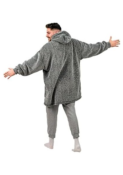Oversize Giyilebilir Battaniye Tek Beden Çok Rahat Unisex Hoodie Peluş Kapüşonlu Sweatshirt (Gri-Siyah)
