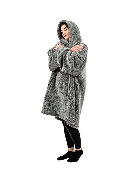 Oversize Giyilebilir Battaniye Tek Beden Çok Rahat Unisex Hoodie Peluş Kapüşonlu Sweatshirt (Gri-Siyah)