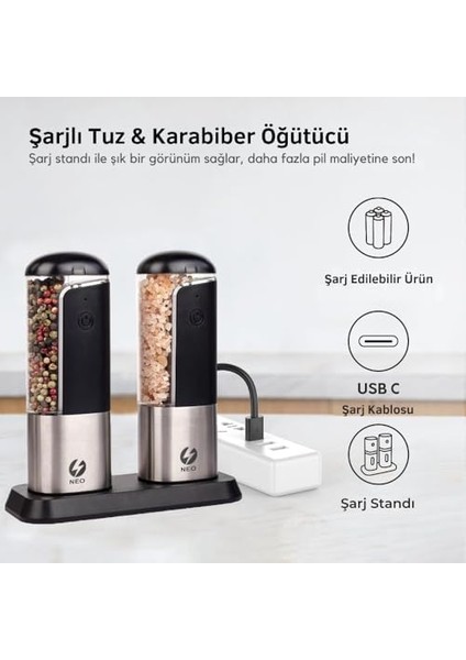 Şarjlı Stantlı Karabiber, Tuz Öğütücü, Şarjlı Otomatik Tuz Öğütücü, 3 Kademe Ayarlı Baharat Değirmeni, LED Işıklı Tuzluk & Biberlik, Portatif Her Alana Uygun Kullanım