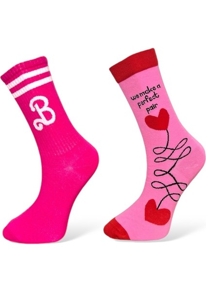 2'Li Sevgililer Günü Özel Tasarım Pembe Ve Kırmızı Kalp Tasarımlı Esnek Nem Alabilen Pamuklu Spor Soket Çoraplar