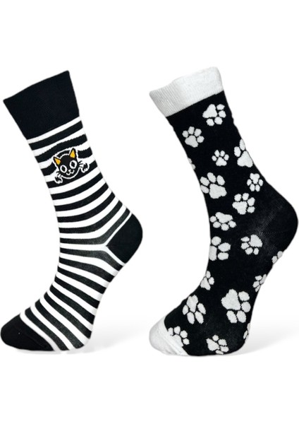 2'Li Sevimli Kedi Tasarımlı Ve Pati Izli Esnek Nem Alabilen Pamuklu Spor Soket Çoraplar