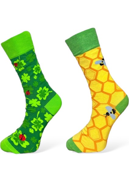 2'Li Yonca Ve Arı Tasarımlı Esnek Nem Alabilen Pamuklu Spor Soket Çoraplar