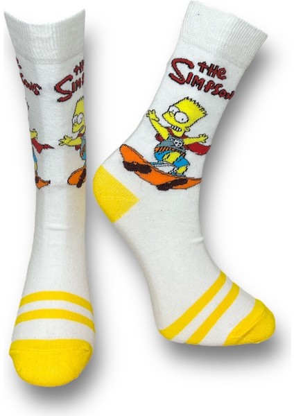 2'Li Pokemon Ve Simpsons Tasarımlı Esnek Nem Alabilen Pamuklu Spor Soket Çoraplar