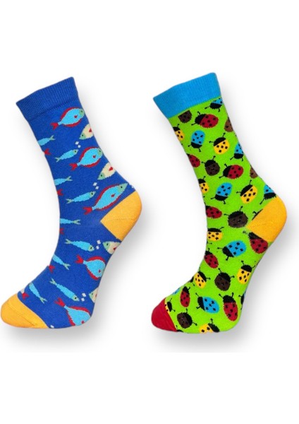 2'Li Balık Ve Uğur Böceği Tasarımlı Esnek Nem Alabilen Pamuklu Spor Soket Çoraplar