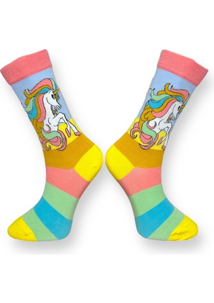 3'Lü Unicorn Tasarımlı Gökkuşağı Ve Yıldız Detaylı Esnek Nem Alabilen Pamuklu Spor Soket Çoraplar