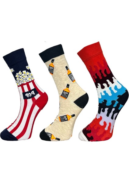 3'Lü Patlamış Mısır, Içki Şişesi Ve Renkli Dalga Tasarımlı Esnek Nem Alabilen Pamuklu Spor Soket Çoraplar