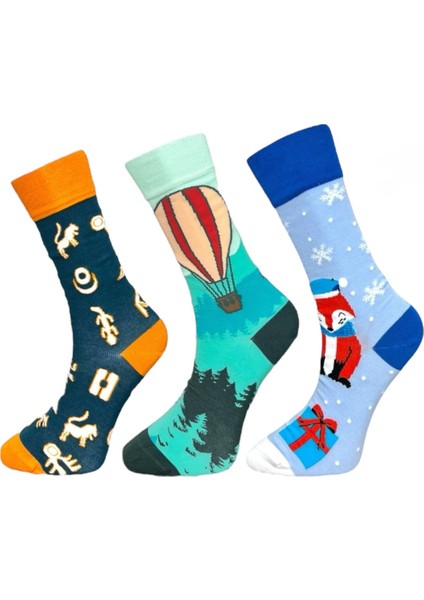 3'Lü Hayvan, Balon Ve Kış Temalı Esnek Nem Alabilen Pamuklu Spor Soket Çoraplar