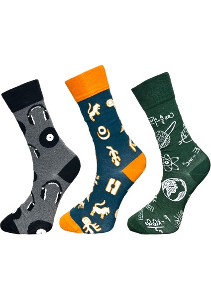 3'Lü Müzik, Uzay Ve Bilim Temalı Esnek Nem Alabilen Pamuklu Spor Soket Çoraplar