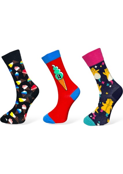 3'Lü Dondurma Ve Karakter Temalı Esnek Nem Alabilen Pamuklu Spor Soket Çoraplar