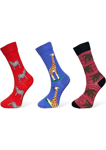 3'Lü Hayvan Temalı Zebra, Zürafa Ve Ayı Tasarımlı Esnek Nem Alabilen Pamuklu Spor Soket Çoraplar