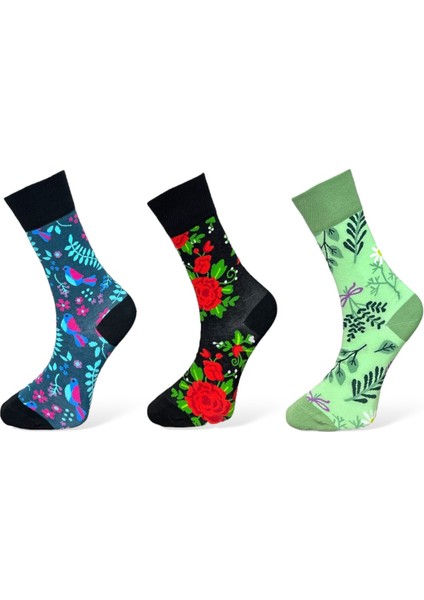3'Lü Doğa Temalı Kuş Ve Yaprak Tasarımlı Esnek Nem Alabilen Pamuklu Spor Soket Çoraplar