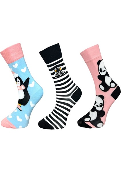 3'Lü Penguen, Panda Ve Çizgili Tasarımlı Esnek Nem Alabilen Pamuklu Spor Soket Çoraplar