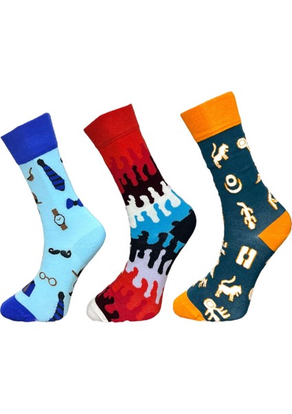 3'Lü Mavi Aksesuar, Kırmızı Dalga Ve Yeşil Figür Tasarımlı Esnek Nem Alabilen Pamuklu Spor Soket Çoraplar