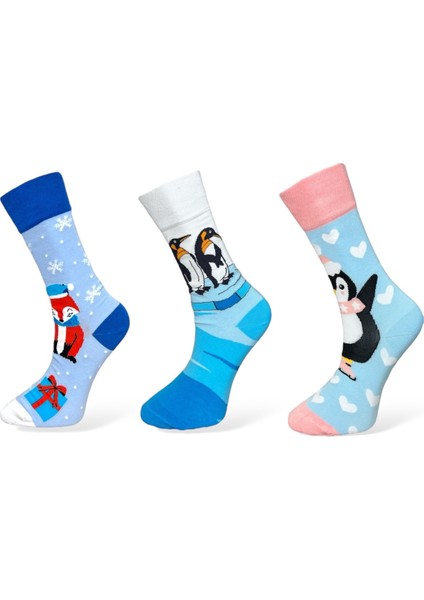 3'Lü Kış Temalı Penguen Tasarımlı Esnek Nem Alabilen Pamuklu Spor Soket Çoraplar