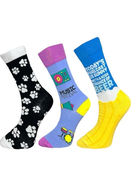 3'Lü Pati Baskılı, Müzik Festivali Ve Bira Temalı Esnek Nem Alabilen Pamuklu Spor Soket Çoraplar