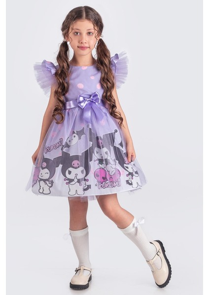 Kuromi ve My Melody Desenli Tüllü Kız Çocuk Parti Elbisesi - Lila
