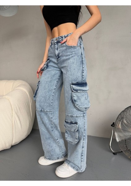 Kadın Yüksek Bel Özel Tasarım Cepli Straight Fit kargo jean fiyatları