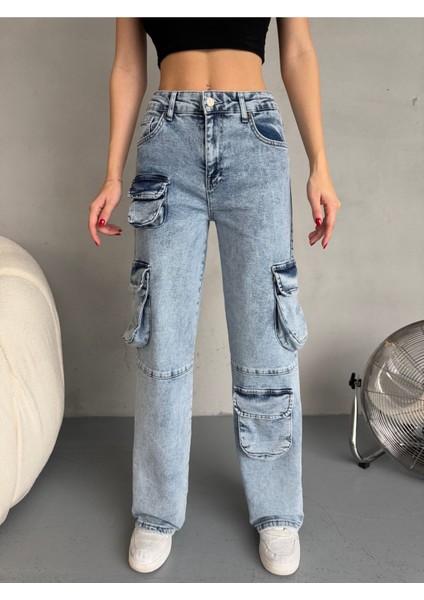 Kadın Yüksek Bel Özel Tasarım Cepli Straight Fit kargo jean modelleri