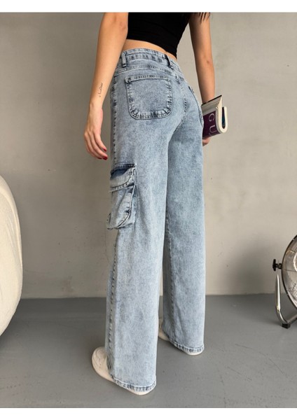 Kadın Yüksek Bel Özel Tasarım Cepli Straight Fit kargo jean fırsatları