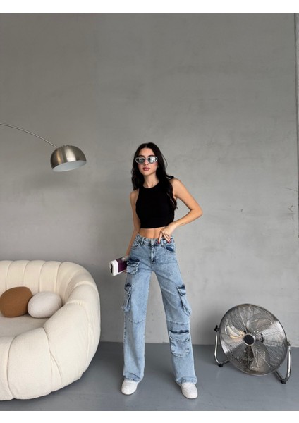 Kadın Yüksek Bel Özel Tasarım Cepli Straight Fit kargo jean indirimleri