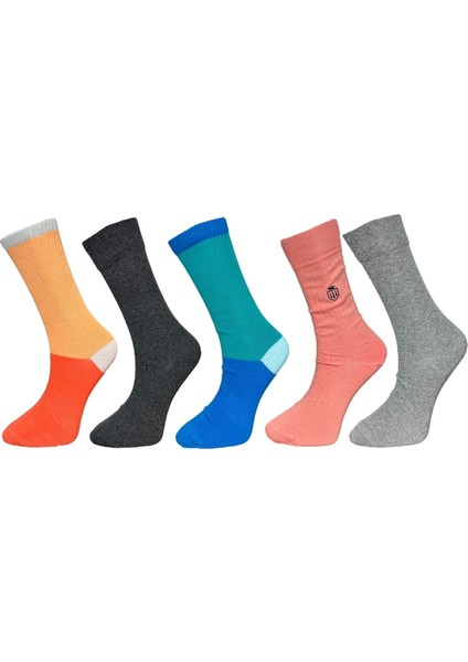 5'Li Renk Blok Tasarımlı Esnek Nem Alabilen Pamuklu Spor Soket Çoraplar