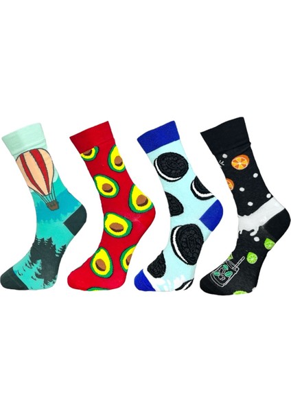 4'Lü Sıcak Hava Balonu, Avokado, Kurabiye Ve Narenciye Tasarımlı Esnek Nem Alabilen Pamuklu Spor Soket Çoraplar