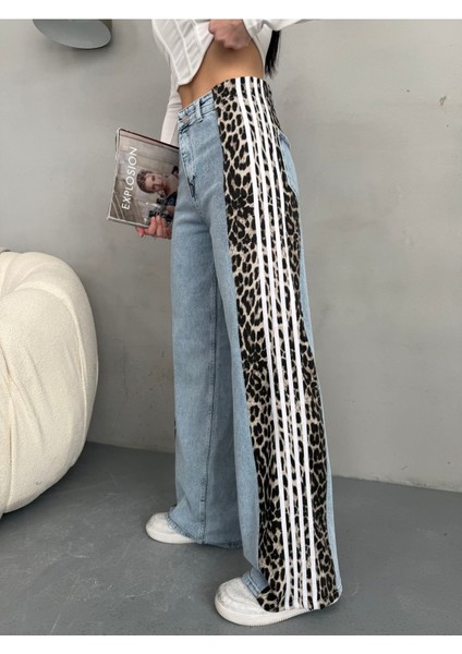 Açık Mavi Leopar Desenli Yanı Şeritli Yüksek Bel Wide leg jean