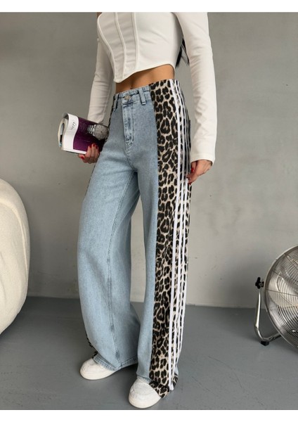 Açık Mavi Leopar Desenli Yanı Şeritli Yüksek Bel Wide leg jean fiyatları