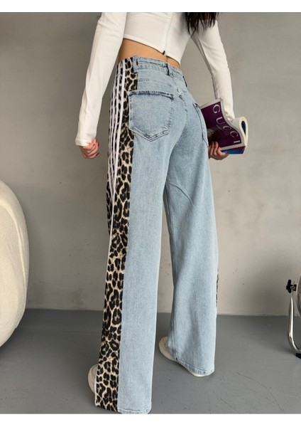 Açık Mavi Leopar Desenli Yanı Şeritli Yüksek Bel Wide leg jean modelleri