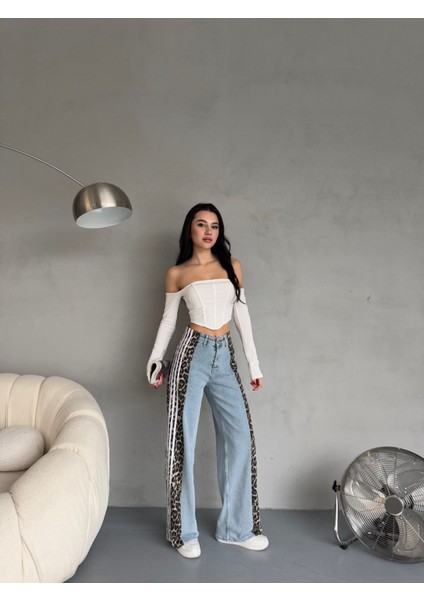 Açık Mavi Leopar Desenli Yanı Şeritli Yüksek Bel Wide leg jean fırsatları