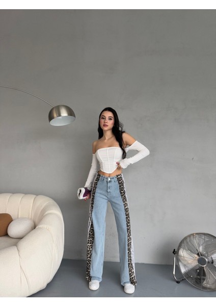 Açık Mavi Leopar Desenli Yanı Şeritli Yüksek Bel Wide leg jean indirimleri