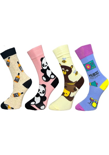 4'Lü Panda, Ayı, Müzik Ve Içki Temalı Esnek Nem Alabilen Pamuklu Spor Soket Çoraplar