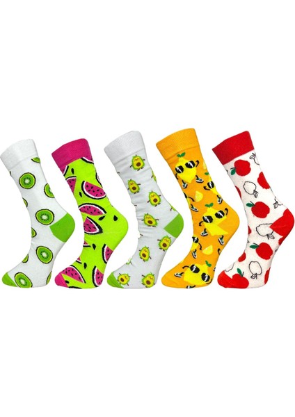 5'Li Meyve Ve Hayvan Temalı Kivi, Karpuz, Avokado, Bal Arısı Ve Elma Tasarımlı Esnek Nem Alabilen Pamuklu Spor Soket Çoraplar