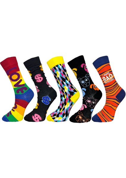 5'Li Love Ve Geometri Tasarımlı Esnek Nem Alabilen Pamuklu Spor Soket Çoraplar