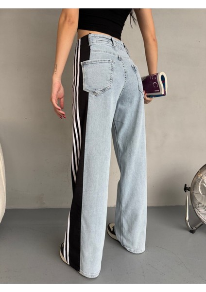Açık Mavi Leopar Desenli Yanı Şeritli Yüksek Bel Wide leg jean fırsatları