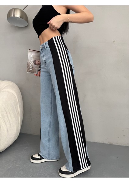 Açık Mavi Leopar Desenli Yanı Şeritli Yüksek Bel Wide leg jean
