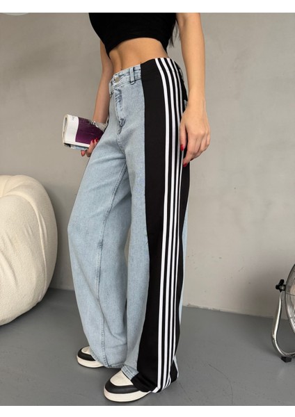 Açık Mavi Leopar Desenli Yanı Şeritli Yüksek Bel Wide leg jean fiyatları