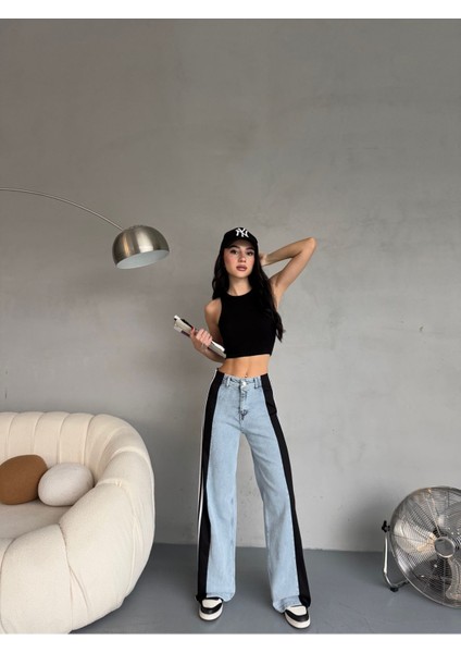 Açık Mavi Leopar Desenli Yanı Şeritli Yüksek Bel Wide leg jean indirimleri