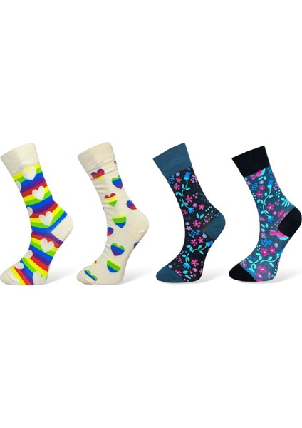 4'Lü Gökkuşağı Kalp Ve Çiçek Tasarımlı Esnek Nem Alabilen Pamuklu Spor Soket Çoraplar