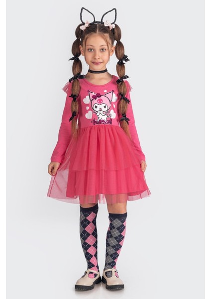 Kuromi Tül Etekli Uzun Kollu Kız Çocuk Elbisesi - Pembe
