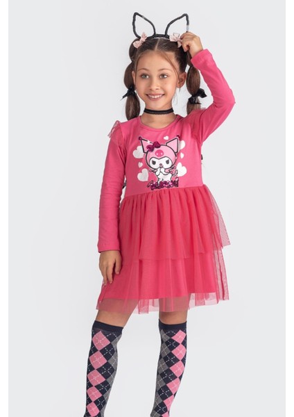 Kuromi Tül Etekli Uzun Kollu Kız Çocuk Elbisesi - Pembe indirimleri