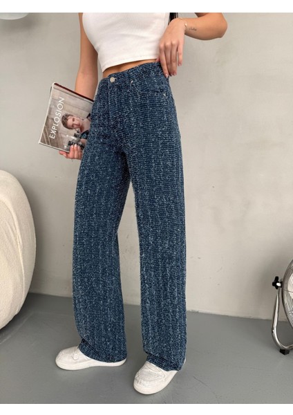 Kadın Mavi Punch Detaylı Özel Tasarım Wide Leg Jean Pantolon