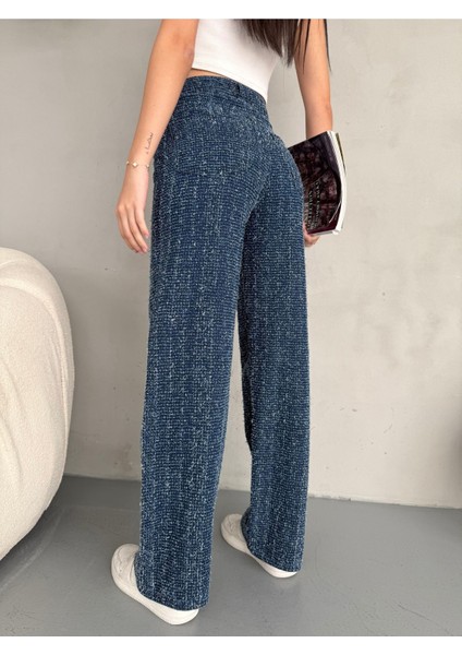 Kadın Mavi Punch Detaylı Özel Tasarım Wide Leg Jean Pantolon fiyatları