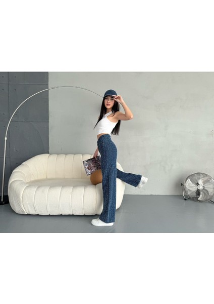 Kadın Mavi Punch Detaylı Özel Tasarım Wide Leg Jean Pantolon modelleri