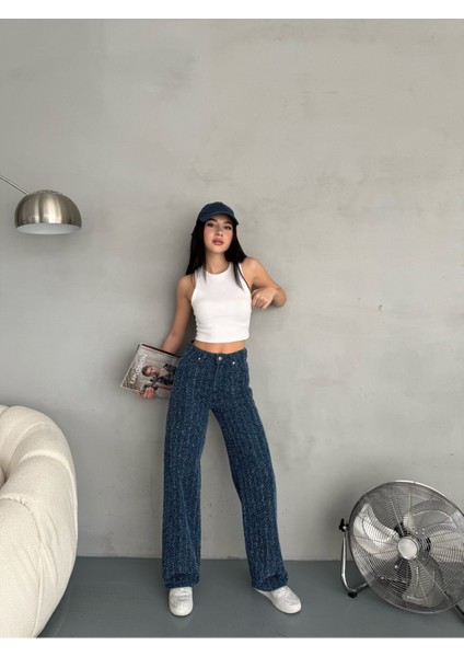 Kadın Mavi Punch Detaylı Özel Tasarım Wide Leg Jean Pantolon fırsatları