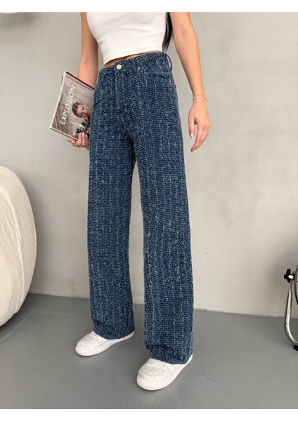 Kadın Mavi Punch Detaylı Özel Tasarım Wide Leg Jean Pantolon indirimleri
