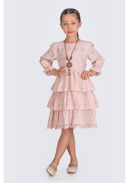 Kat Kat Etekli Kolyeli Uzun Kollu Brode Kız Çocuk Elbisesi - Pembe