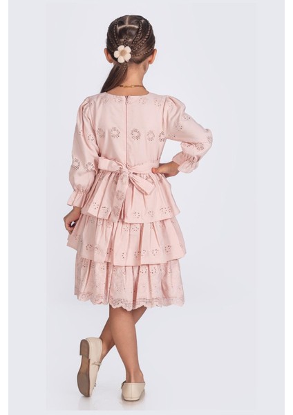 Kat Kat Etekli Kolyeli Uzun Kollu Brode Kız Çocuk Elbisesi - Pembe fiyatları