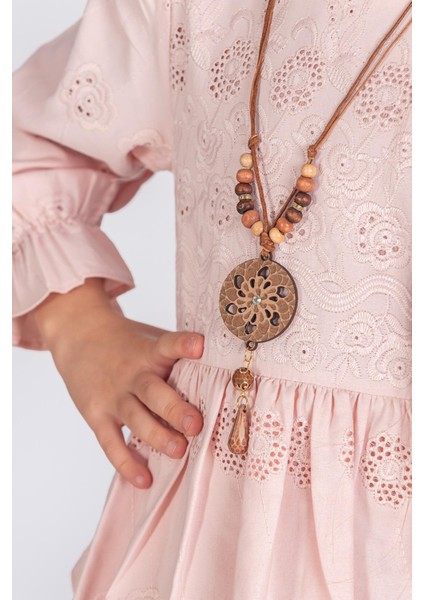 Kat Kat Etekli Kolyeli Uzun Kollu Brode Kız Çocuk Elbisesi - Pembe modelleri