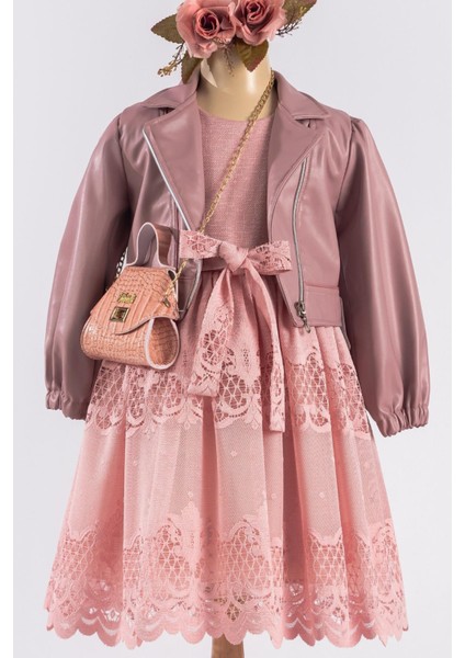 Pembe Deri Çeketli Çantalı Kız Çocuk Abiye